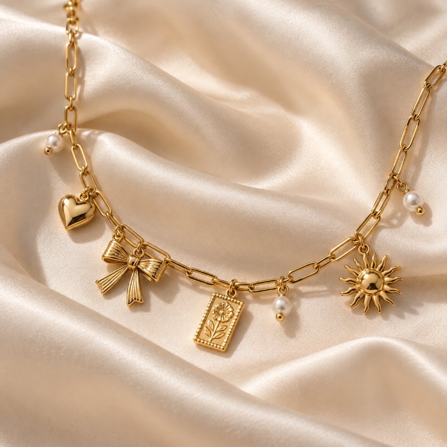 Gold charm necklace on cream satin
