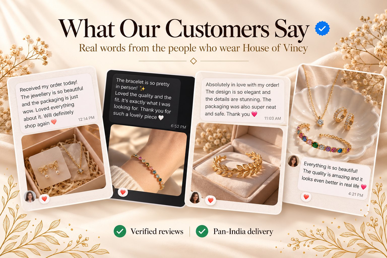 What our customers say. Four customer messages praising the jewellery, the quality and the packaging. Verified reviews. Pan-India delivery.