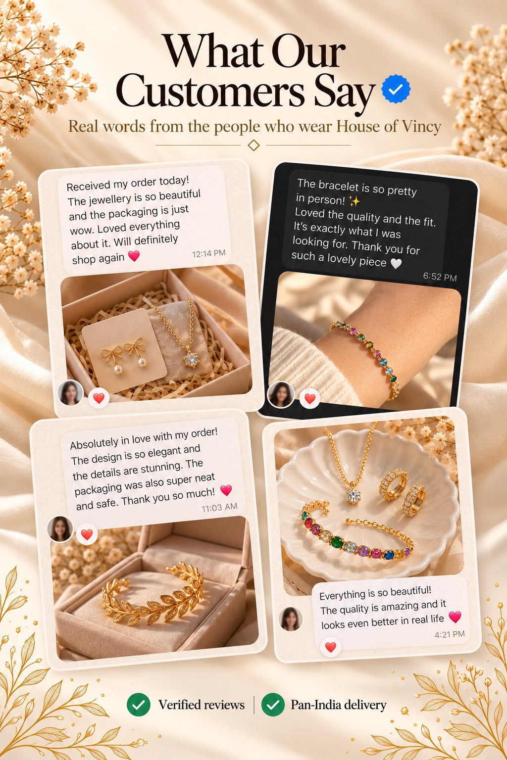 What our customers say. Four customer messages praising the jewellery, the quality and the packaging. Verified reviews. Pan-India delivery.